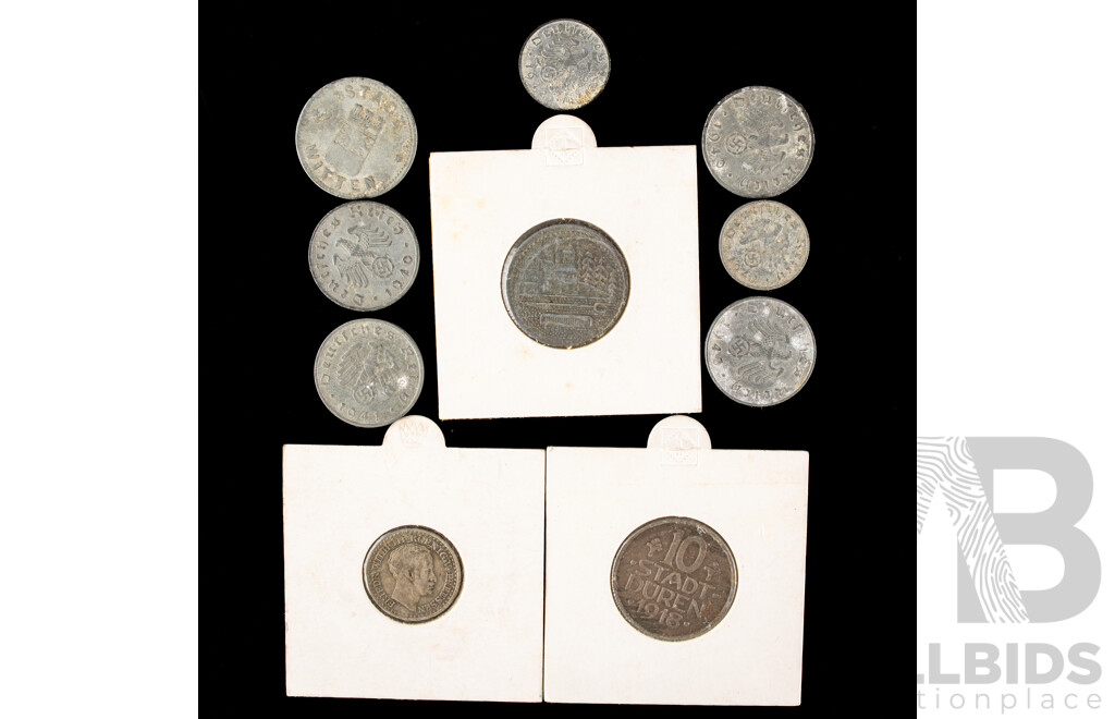 German Antique/Vintage Coins Including 1826 Silver Silbergroschen, Berlin Mint, 1918 Fifty and Ten Token and Fifty Pfennigs, Ten Pfennigs 1940(2) 1941, 1943, Two 1940 One Pfennigs