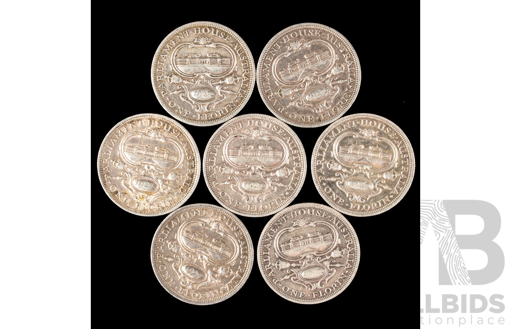 Seven Australian 1927 KGV Silver Florins, Canberra Commemorative .925