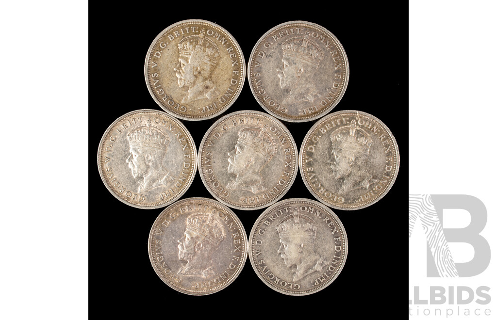 Seven Australian 1927 KGV Silver Florins, Canberra Commemorative .925