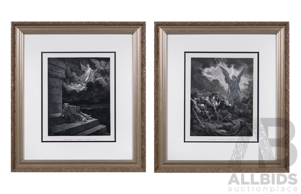 Gustave Dore, (19th Century, French, 1832-1883), Elijah Taken Up to Heaven in a Chariot of Fire & Destruction of the Army of Sennacherib, Antique Bible Engravings, 47 x 42 cm (frames) (2)