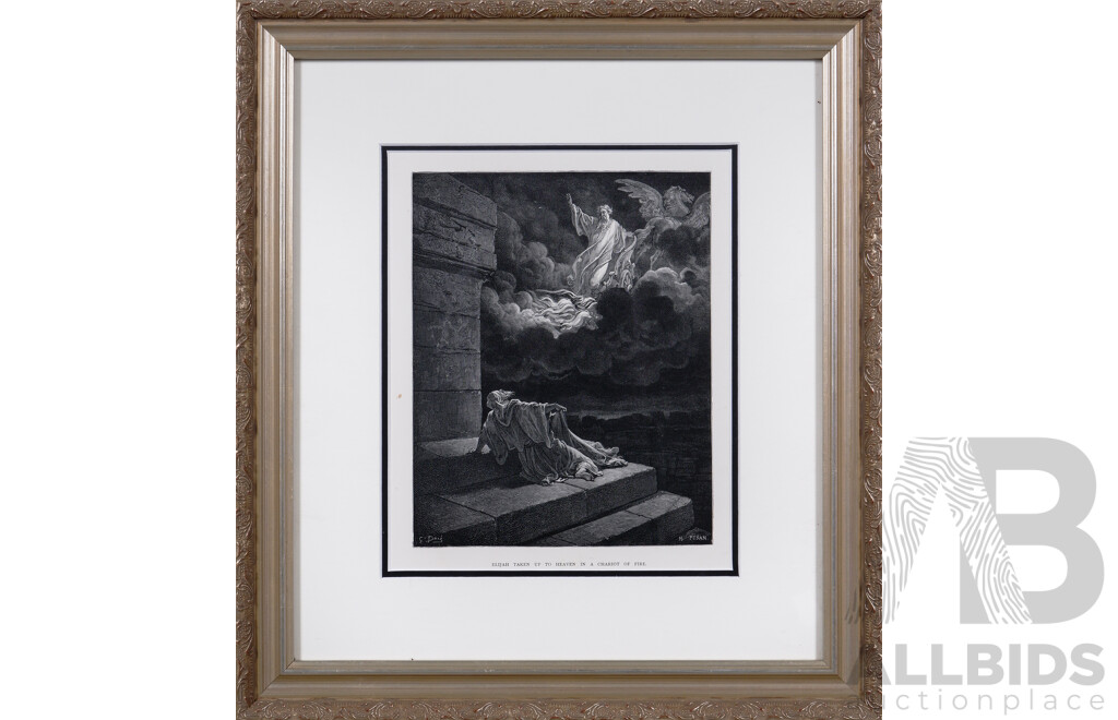 Gustave Dore, (19th Century, French, 1832-1883), Elijah Taken Up to Heaven in a Chariot of Fire & Destruction of the Army of Sennacherib, Antique Bible Engravings, 47 x 42 cm (frames) (2)