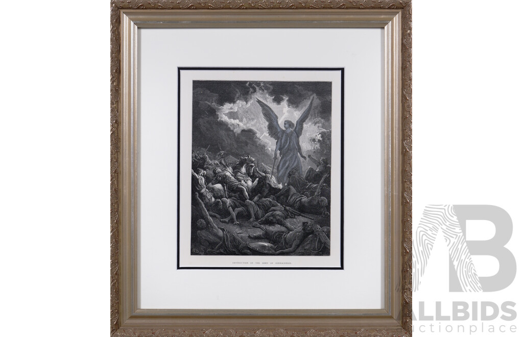 Gustave Dore, (19th Century, French, 1832-1883), Elijah Taken Up to Heaven in a Chariot of Fire & Destruction of the Army of Sennacherib, Antique Bible Engravings, 47 x 42 cm (frames) (2)