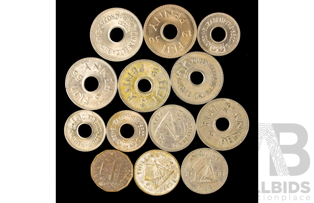 Collection of Vintage Fiji Coins Examples Spanning 1934 KGV Silver Shilling to 1966 QE2 Penny