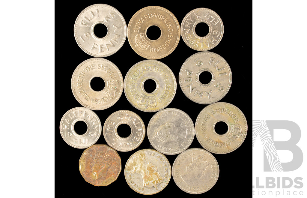 Collection of Vintage Fiji Coins Examples Spanning 1934 KGV Silver Shilling to 1966 QE2 Penny