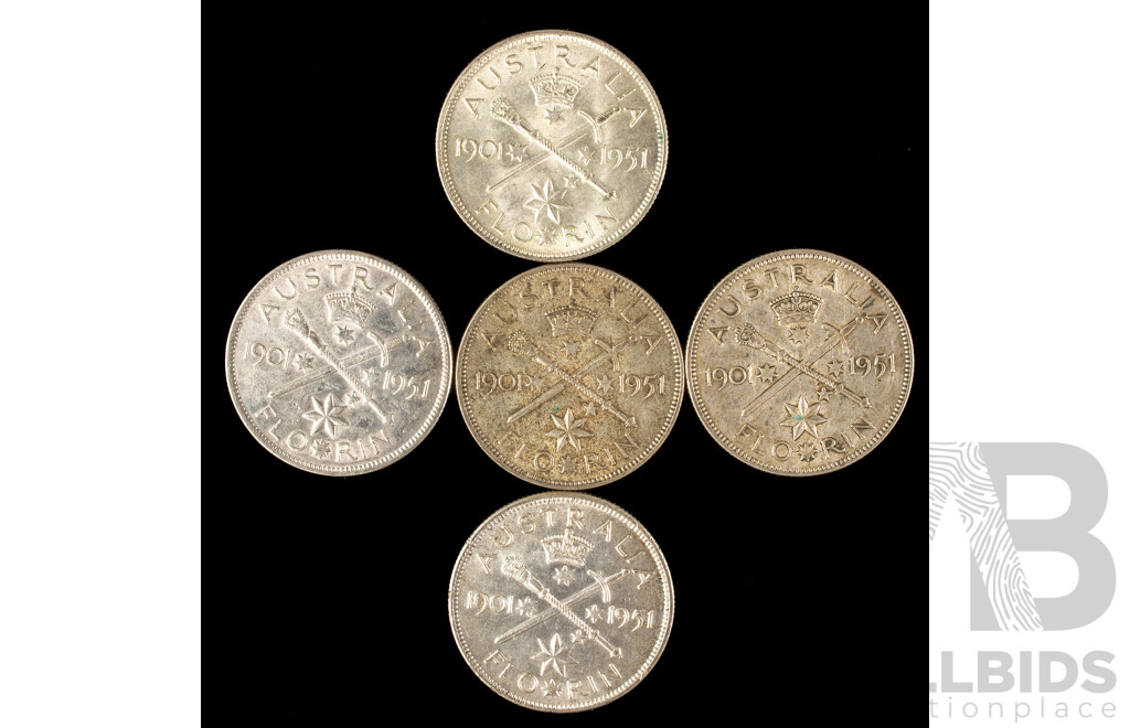 Five Australian 1951 KGVI Silver Commemorative Florins .500