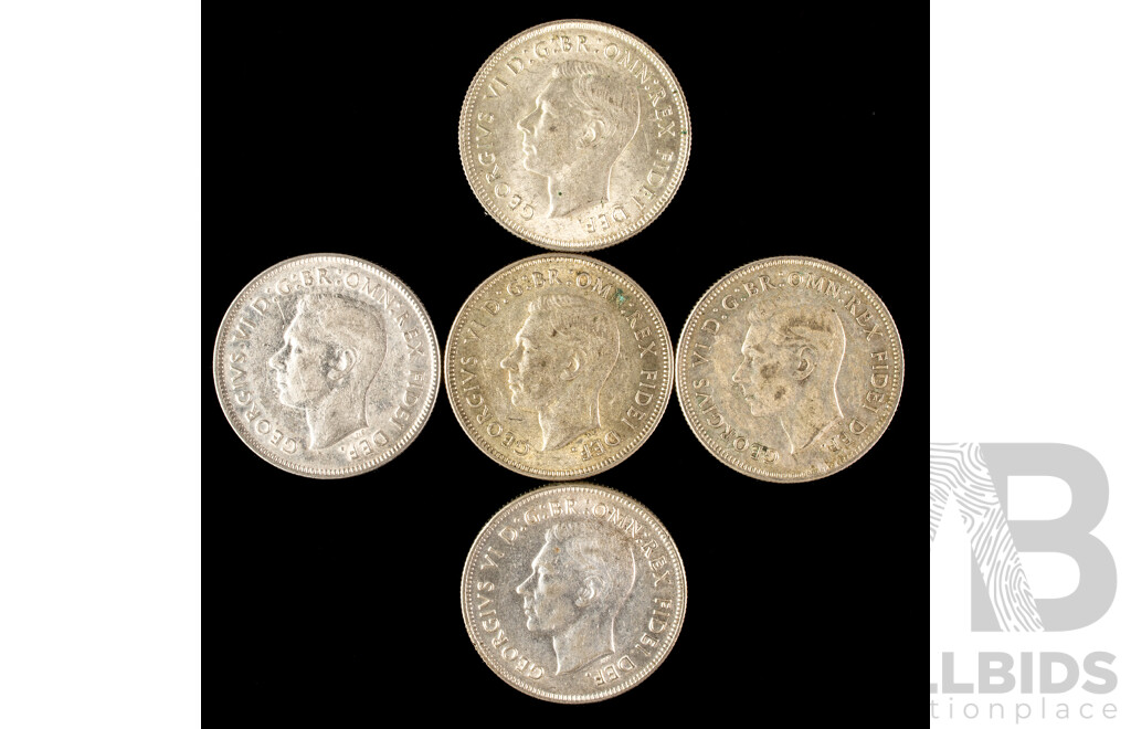 Five Australian 1951 KGVI Silver Commemorative Florins .500