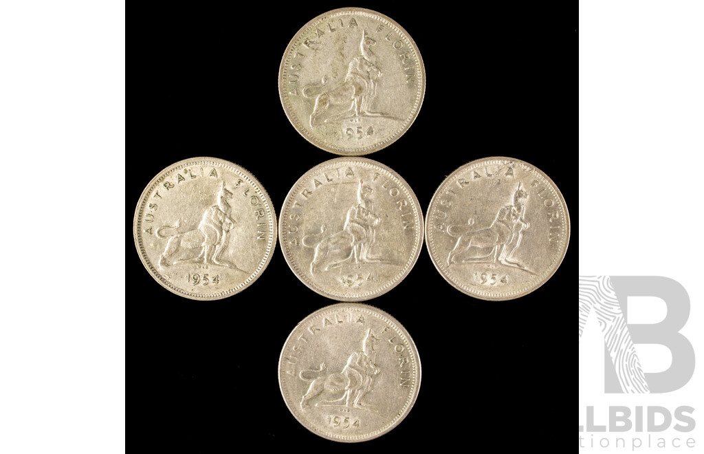 Five Australian 1954 QE2 Silver Commemorative Florins .500