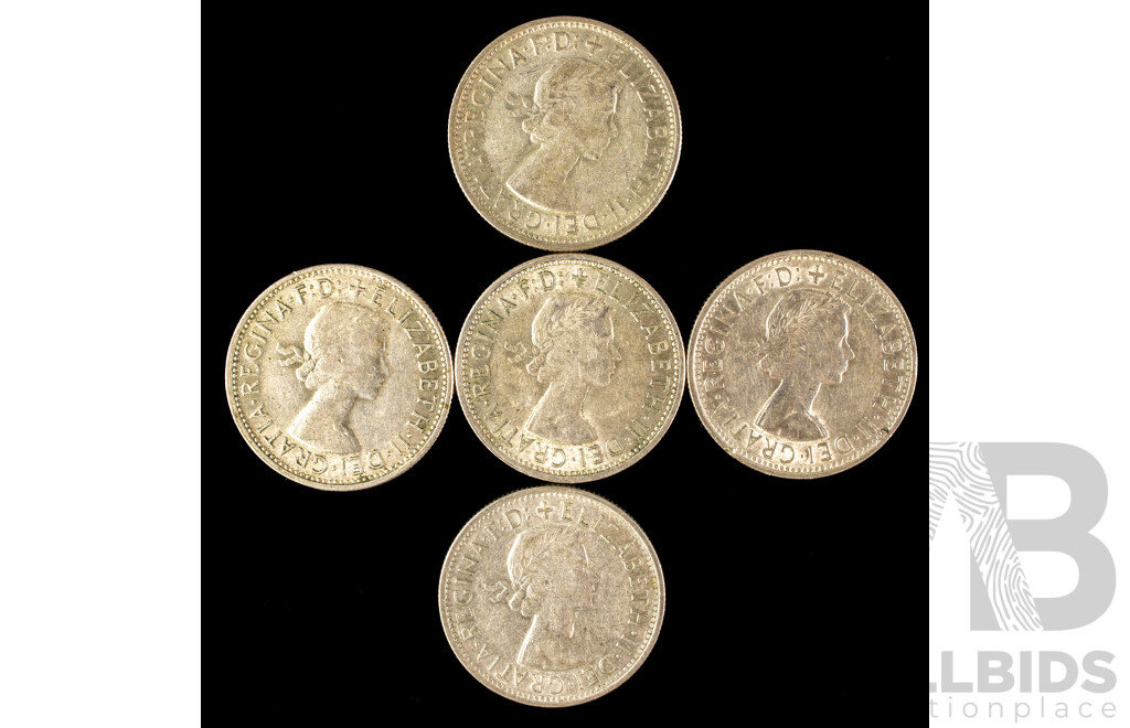 Five Australian 1954 QE2 Silver Commemorative Florins .500