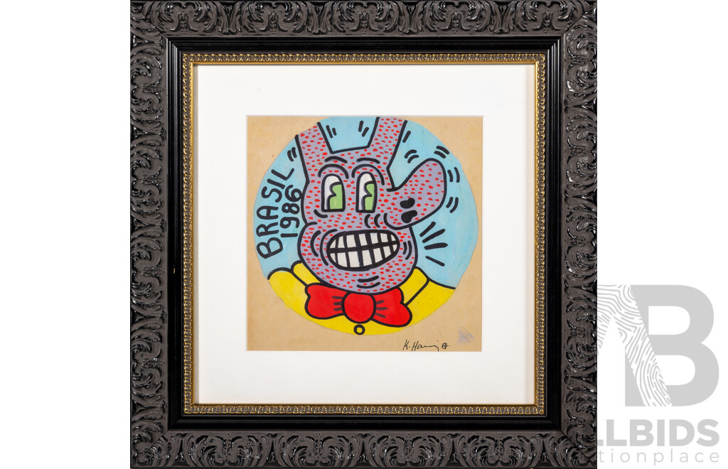 After Keith Haring, (20th Century, American, 1958-1990), Brasil 1986, Coloured Pigment on Paper, 40 x 40 cm (frame)
