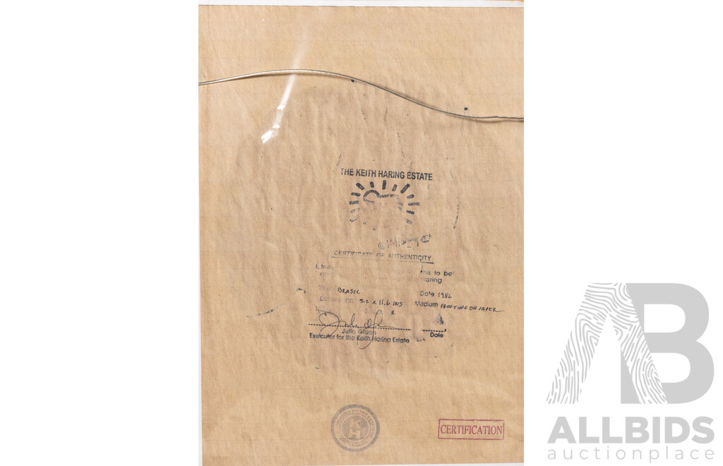 After Keith Haring, (20th Century, American, 1958-1990), Brasil 1986, Coloured Pigment on Paper, 40 x 40 cm (frame)