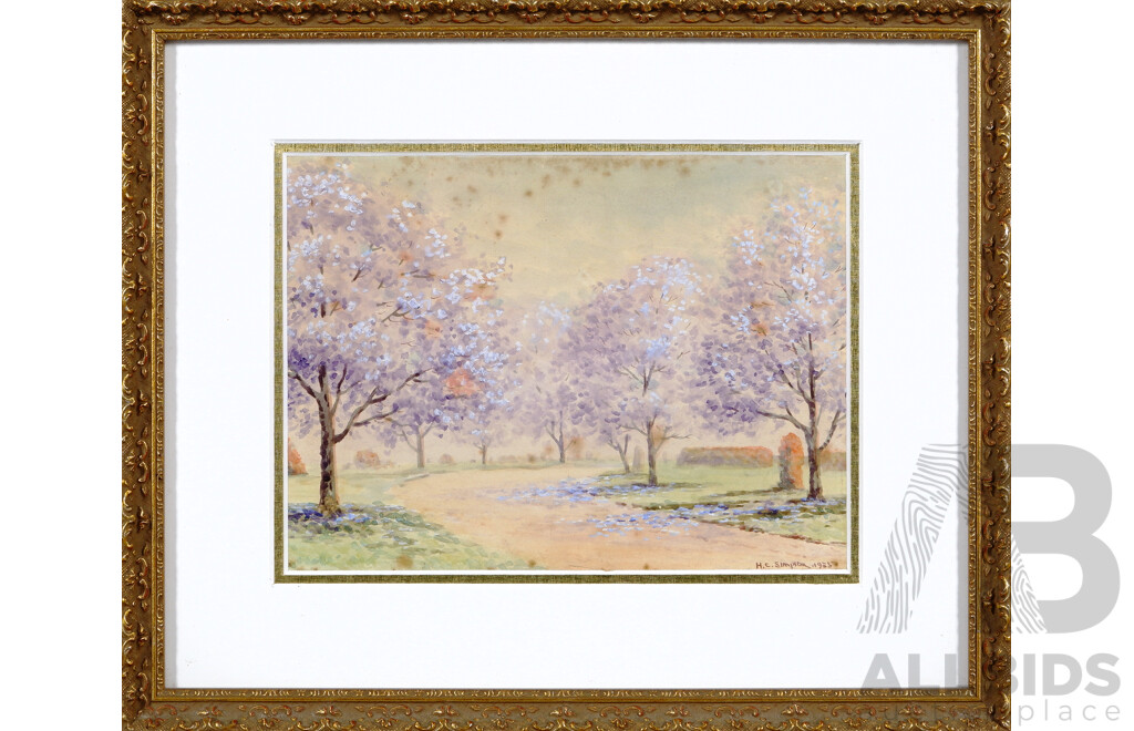 Herbert Clarke Simpson (Early 19th Century, Australian, 1879-1966), Jacarandas, (1935), Watercolour, 29 x 34 cm (frame)