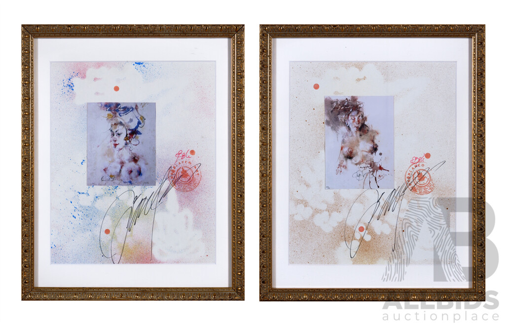 Antonio Blanco (20th Century, Phillipino-Indonesian, 1911-1999), Balinese Girls, Pair of Watercolour & Photo Mixed Media, 33 x 28  cm (frames) (2)