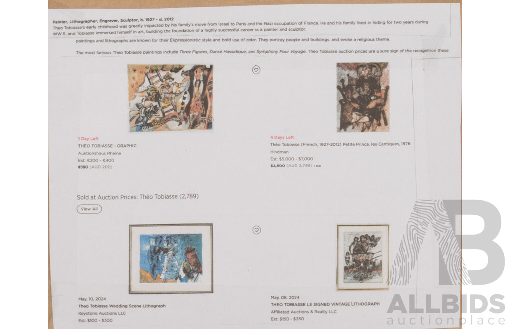 Théo Tobiasse, (20th Century, Israeli-French, 1927-2012), The Song Suite [Le Cantique Des Cantiques XV, 2009], Limited Edition Lithograph,  52 x 62 cm (frame)