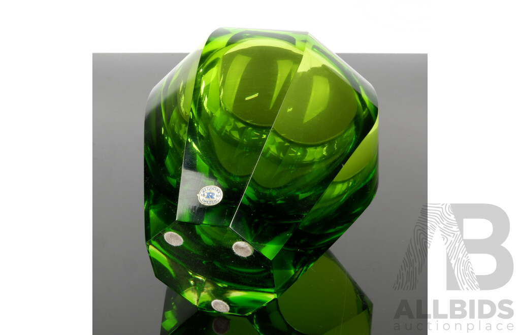 Mid Century Swedish Reijmyre Green Glass Octagonal Form Vase with Original Label