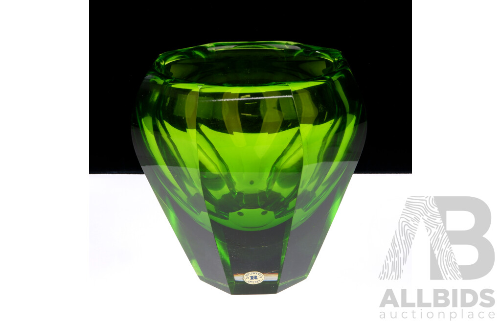 Mid Century Swedish Reijmyre Green Glass Octagonal Form Vase with Original Label