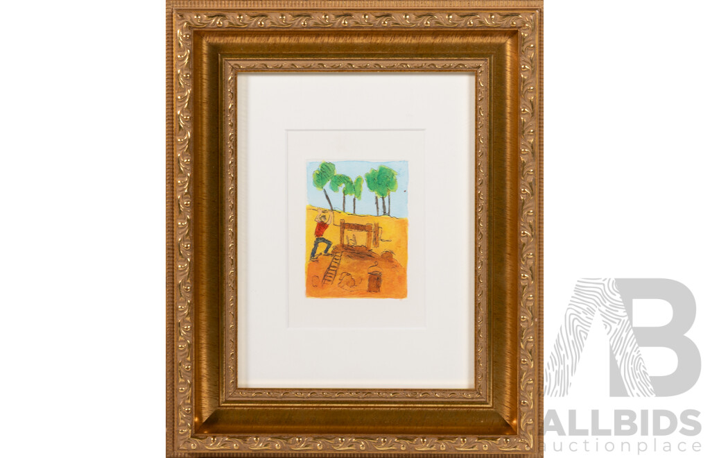 Pro Hart, (20th Century, Australian, 1928-2006), Mineshaft, Hand Coloured Etching, Unsigned Publisher's Proof, 33 x 27 cm (frame)