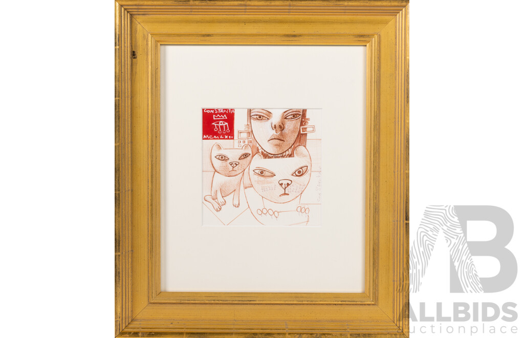 Constantine Popov, (20th Century, Russian-Australian, 1962-), Girl & Her Cats, Acrylic & Pen on Card, 40 x 35 cm (frame)
