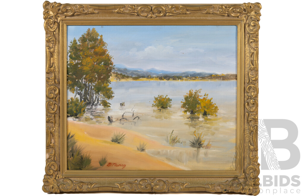 Brian Nunan, (20th Century, Australian, 1932-), Wetlands, Oil on Canvas Cloth, 38.5 x 43.5 cm (frame)