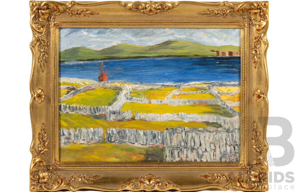 Geraldine Folan, (20th Century, Irish), Lone Boat & Still Water Behind Dry Stone Walls, Galway, Acrylic on Canvas Cloth, 41 x 50 cm (frame)