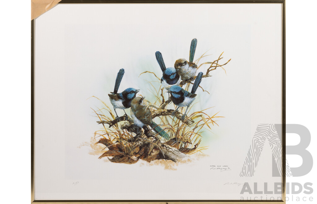 Paul Margocsy, (20th Century, Australian, 1945-), Superb Blue Wrens (1990), Watercolour, Signed Artist's Proof, 41 x 51 cm (frame)