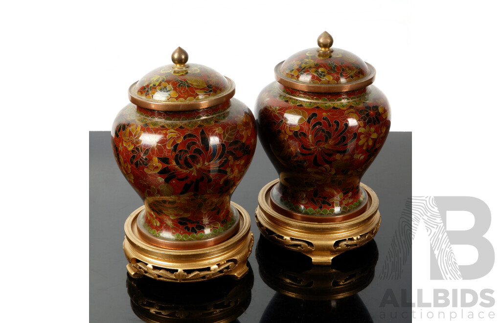 Pair Chinese Cloisonne Lidded Urns on Wooden Stands