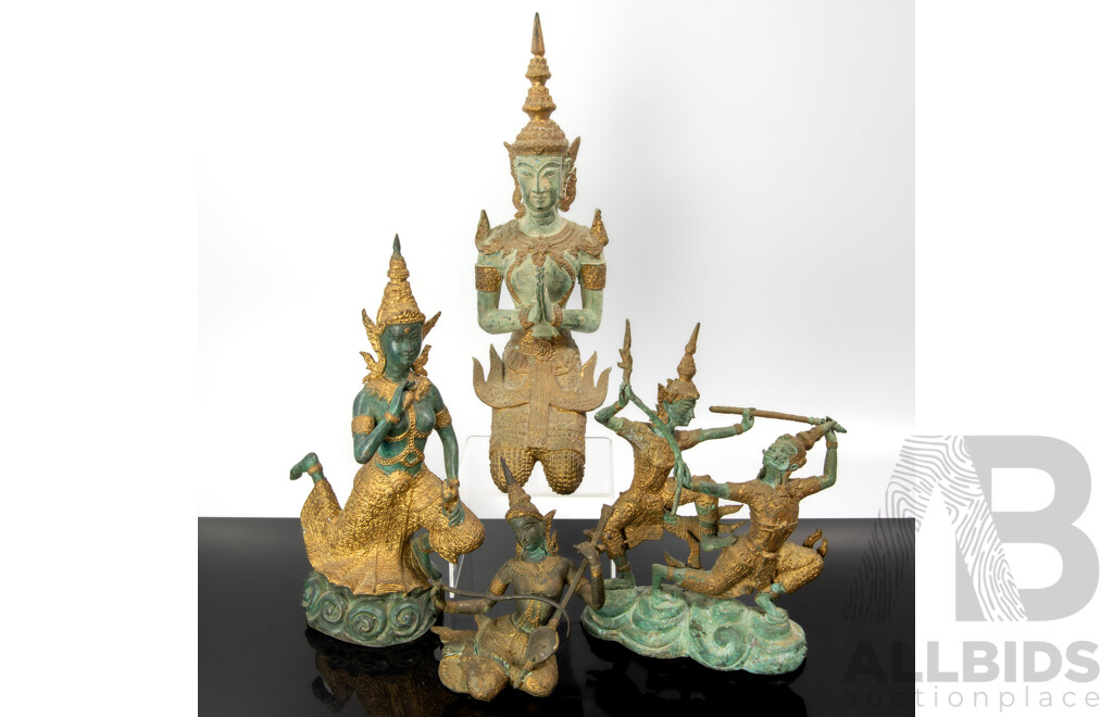 Collection Four Thai Bronze Figures with Hand Painted Gilt Highlights