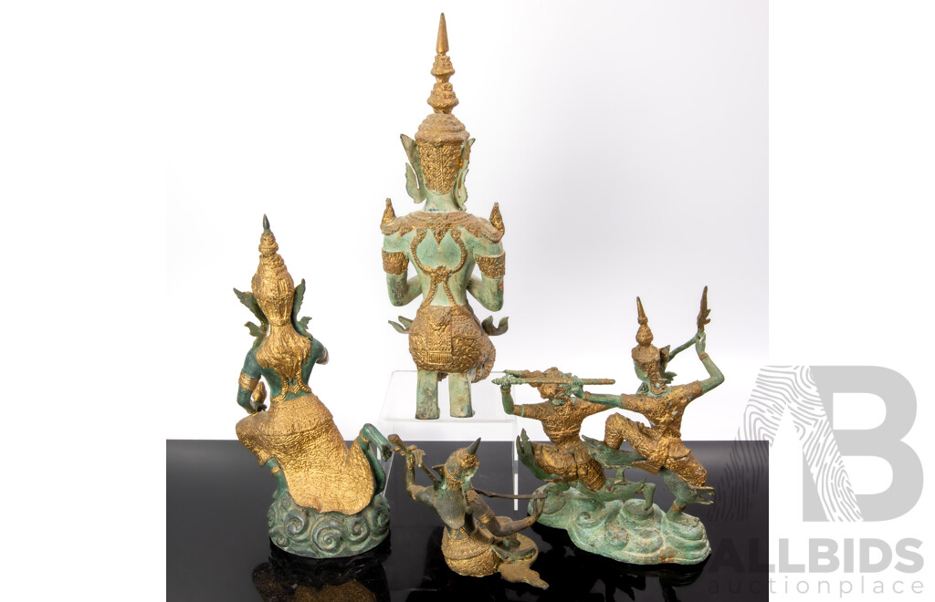 Collection Four Thai Bronze Figures with Hand Painted Gilt Highlights