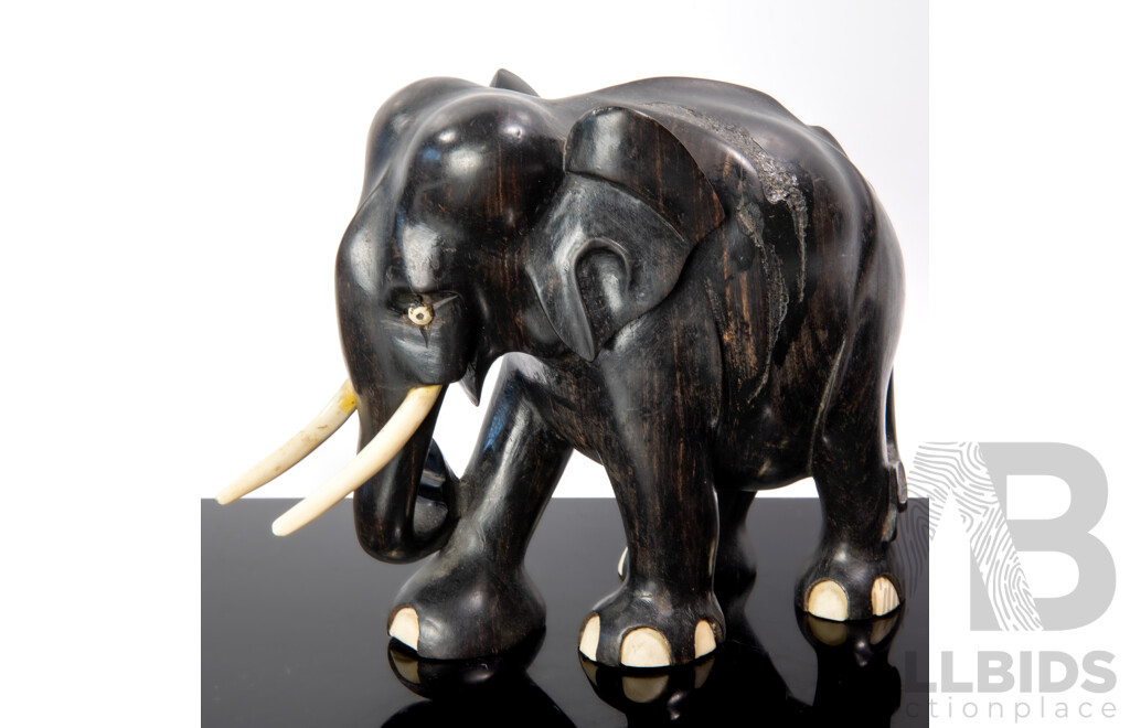 Vintage Hand Carved African Ebony Elephant Figure with Bone Detail