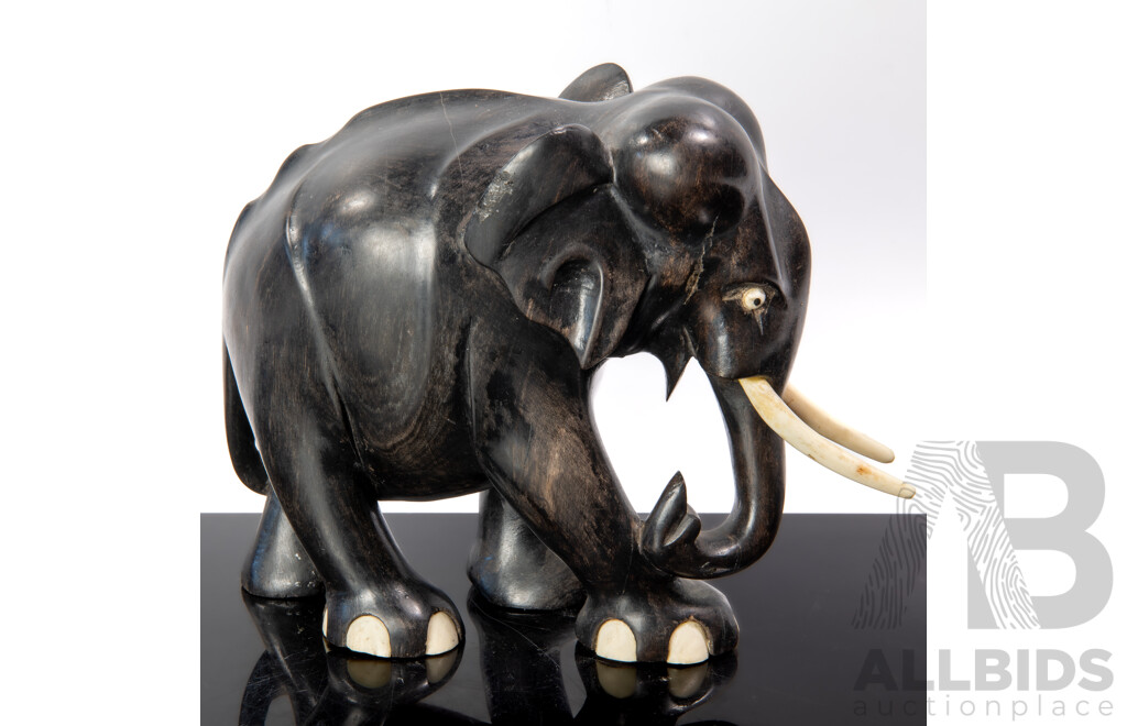 Vintage Hand Carved African Ebony Elephant Figure with Bone Detail