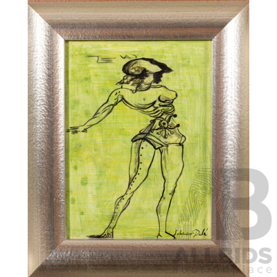 After Salvador Dali, (20th Century, Spanish,1904-1989), Surrealist Knight for a Four (c1934), Ink on Paper, 40 x 32 cm (frame)