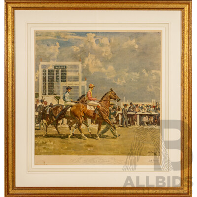 Sir Alfred James Munnings R.A (19/20th Centuries, British, 1878-1959), Going Out at Epsom, Vintage 'Perfect Facsimile' of Original Painting, 77 x 73 cm (frame)