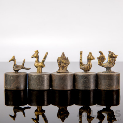 Collection Four Vintage Asian Weights with Brass Rooster Finials