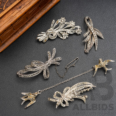 Collection of (5) Silver Marcasite Vintage Brooches in Hand Carved Wooden Chamonix French Souvenier Trinket Box