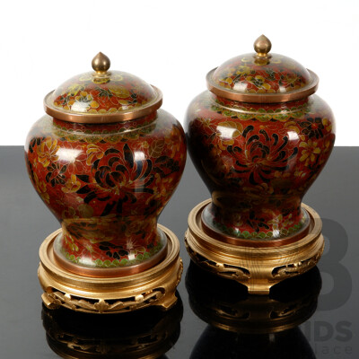 Pair Chinese Cloisonne Lidded Urns on Wooden Stands