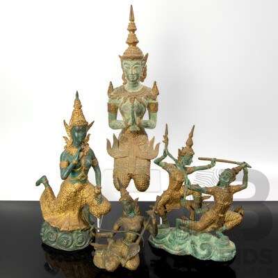 Collection Four Thai Bronze Figures with Hand Painted Gilt Highlights