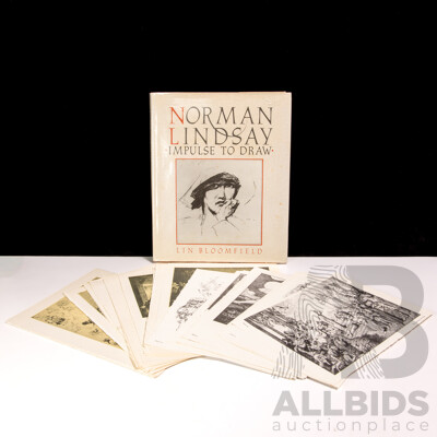 Norman Lindsey, Impulse to Draw, Bay Books, Sydney, 1984, Hardcover with Dust Jacket, Alongside Approx 43 Varied Bookplates Ready to Frame