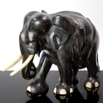 Vintage Hand Carved African Ebony Elephant Figure with Bone Detail