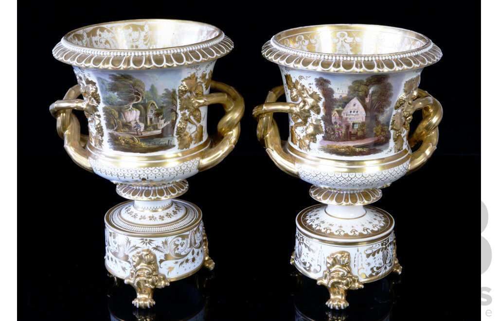 Pair Antique Regency Derby Porcelain Twin Handled Urns with Hand Painted Views of Sicily and England