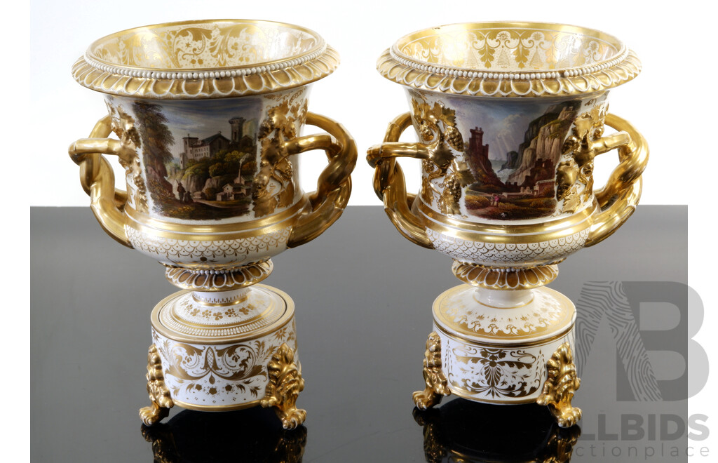 Pair Antique Regency Derby Porcelain Twin Handled Urns with Hand Painted Views of Sicily and England