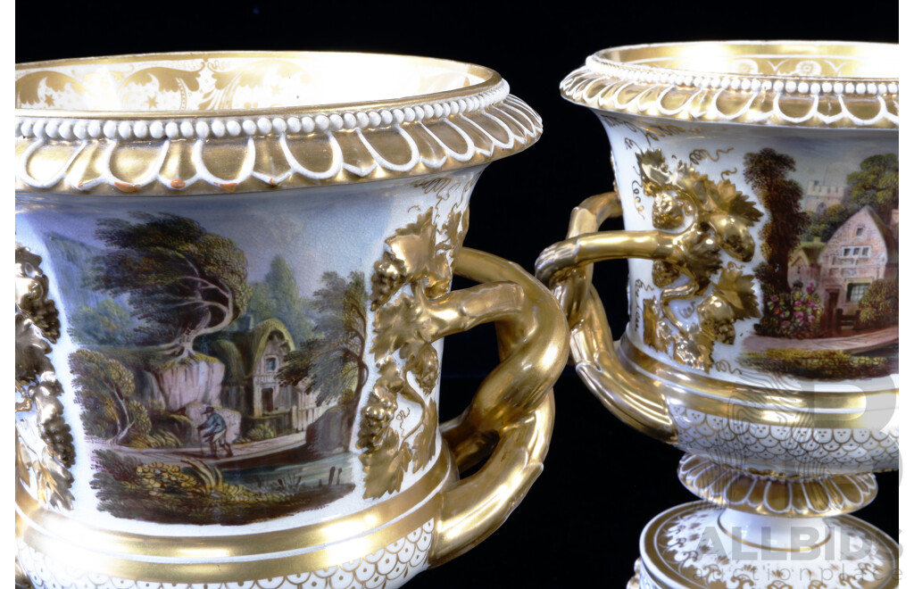 Pair Antique Regency Derby Porcelain Twin Handled Urns with Hand Painted Views of Sicily and England