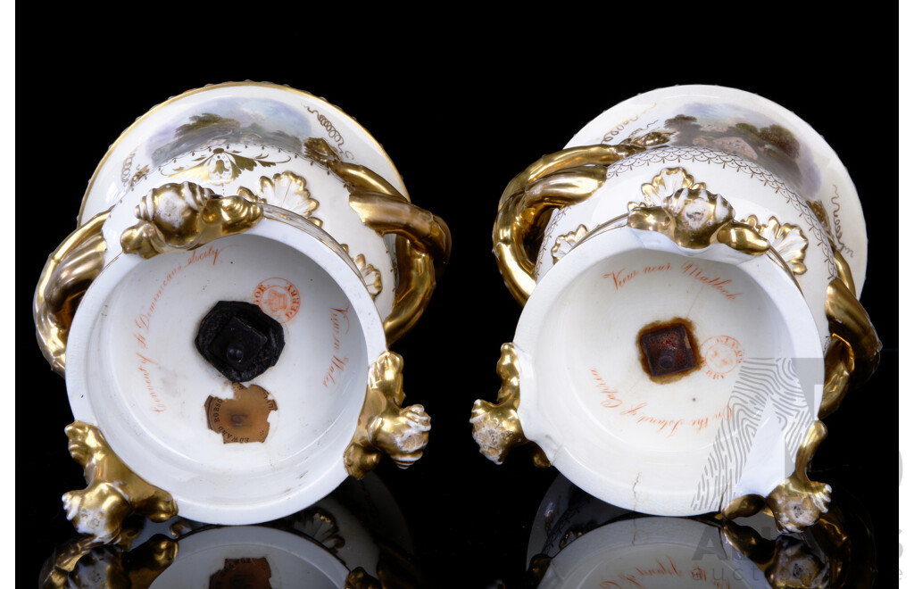 Pair Antique Regency Derby Porcelain Twin Handled Urns with Hand Painted Views of Sicily and England