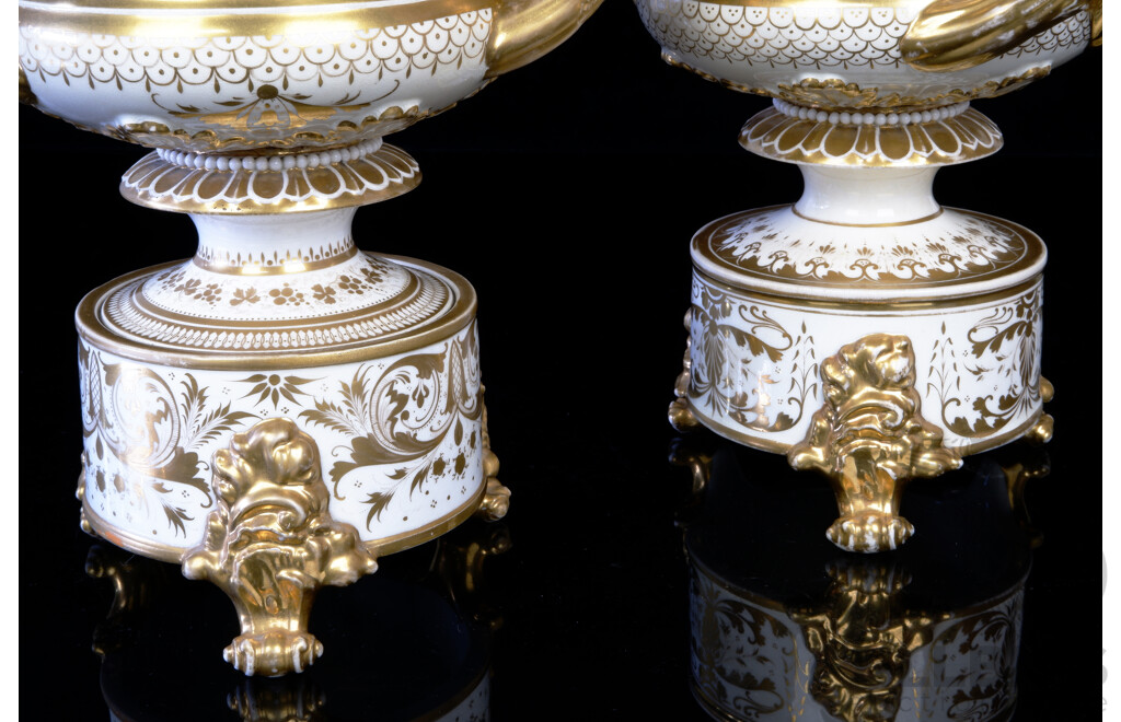 Pair Antique Regency Derby Porcelain Twin Handled Urns with Hand Painted Views of Sicily and England