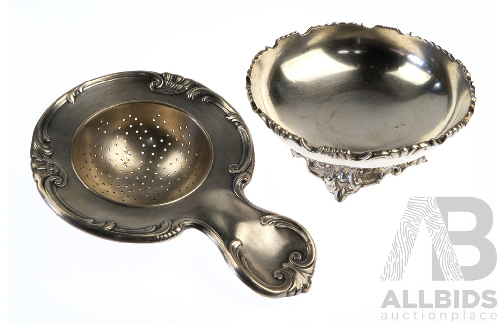 Austrian Sterling Silver Tea Strainer in Sterling Silver Draining Bowl with Rococo Esque Design, Weight 190gm