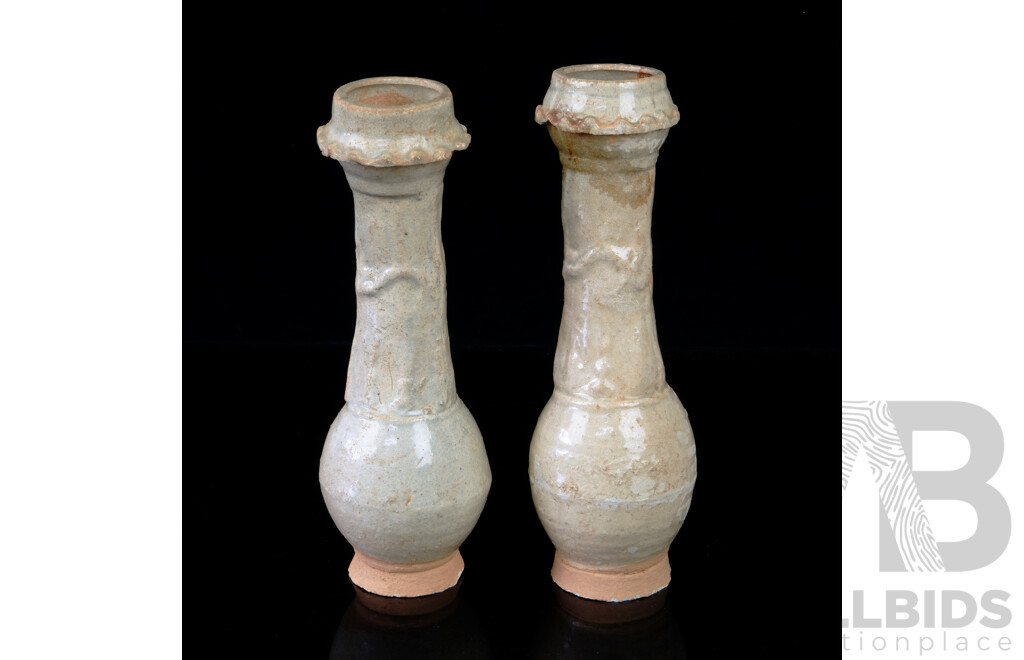 Pair Song Style Earthenware Garlic Head Ceramic Vases with Applied Dragon Motif to Body