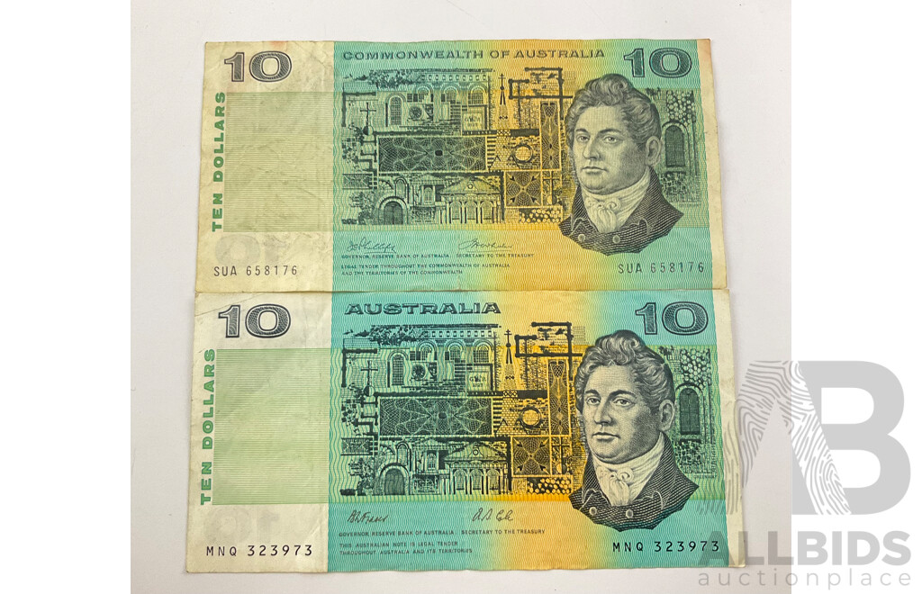 Australian 1972 COA Ten Dollar Banknote, R302 Phillips/Wheeler and 1991 Fraser/Cole