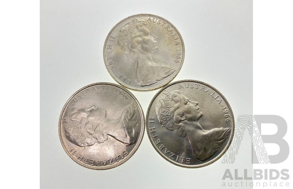 Three Australian 1966 Round Silver Fifty Cent Coins .800