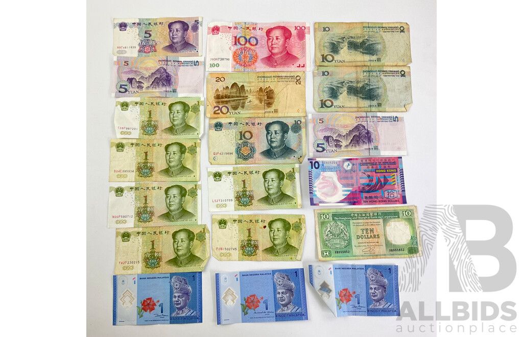 Collection of Paper and Polymer Banknotes From Hong Kong, China and Malaysia