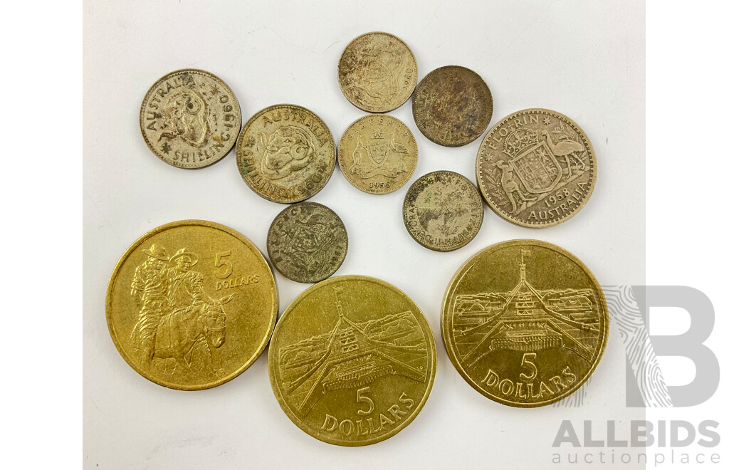 Australian Commemorative and Predecimal Coins, Two 1988, One 1990 Five Dollars, 1958 Florin, Two 1960 Shillings, Four QE2 Sixpence, One KGVI