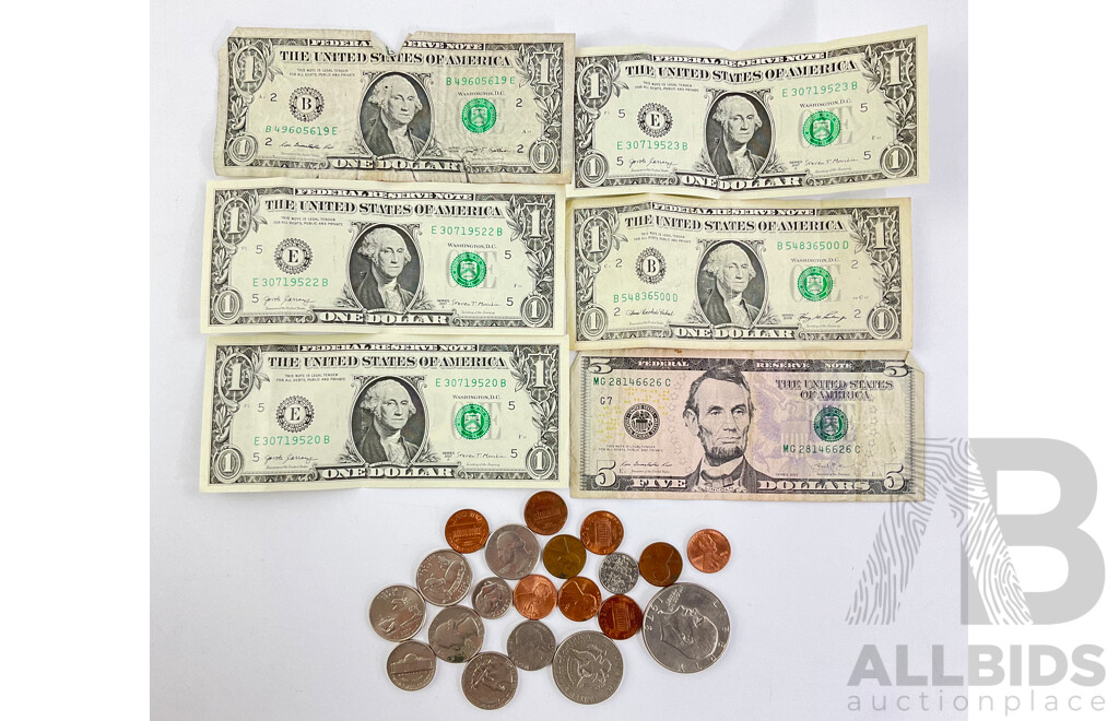 USA Currency Including Five One Dollar Notes, One Five Dollar Note, 1978 One Dollar Coin, 1974 Half Dollar