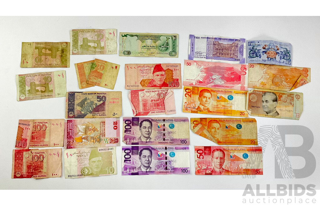 Collection of International Banknotes Including India, UAE, Pakistan, Philippines